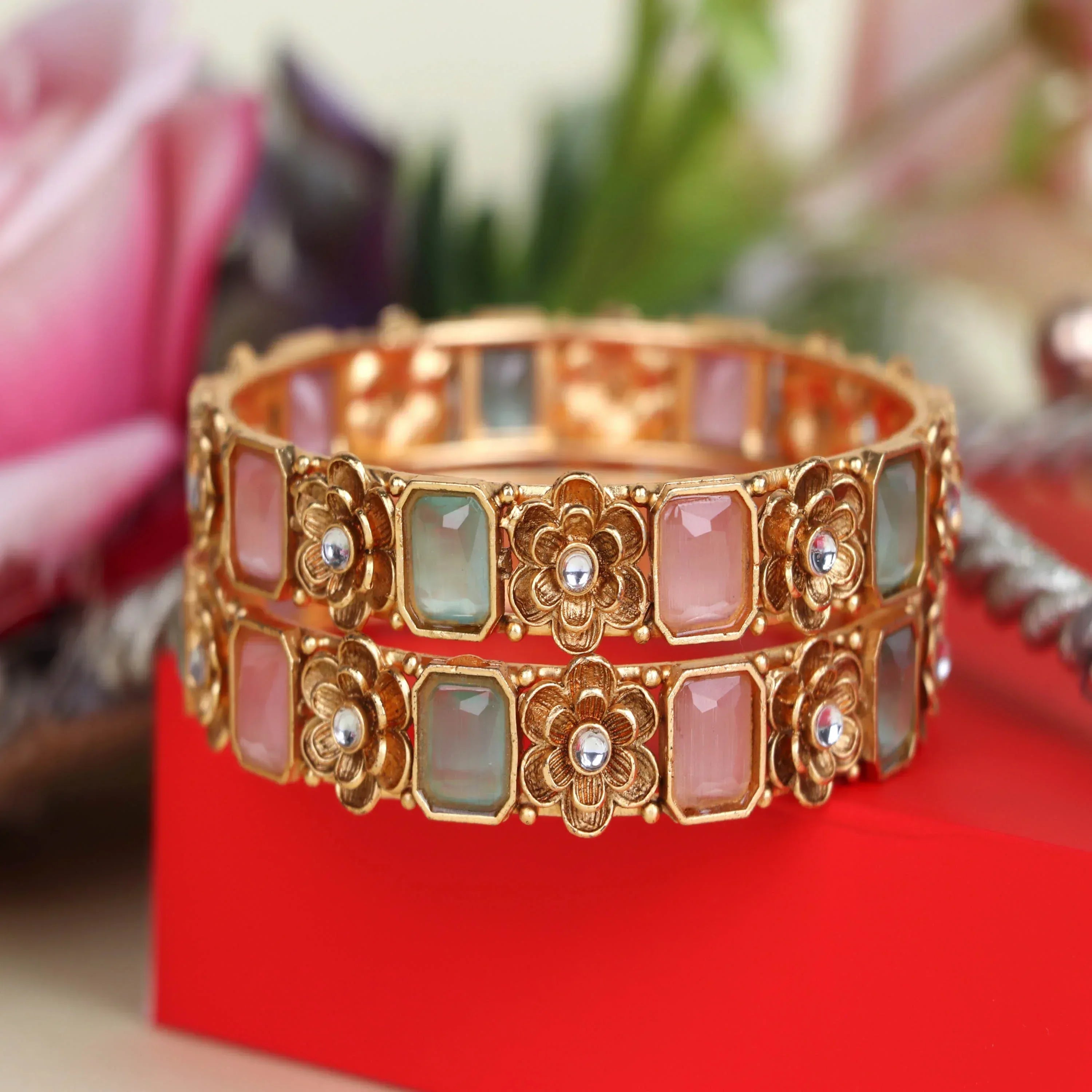 Gold Plated Multicolor Kada with Kundan for Women & Girls - The Golden Cascade